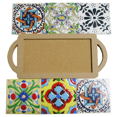 MDF직사각 타일쟁반+사각문양타일 (약28.7×13cm)